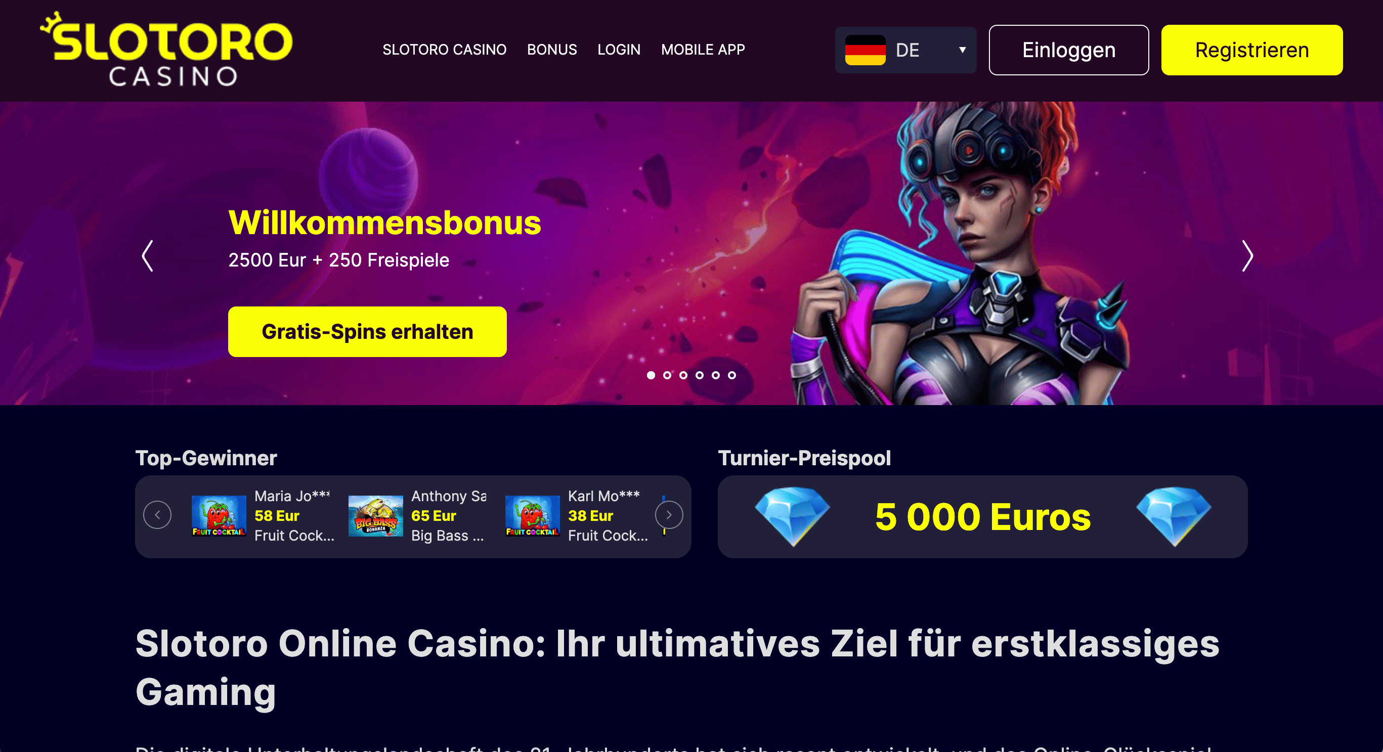 Screenshot: Slotoro 5 € Bonus ohne Einzahlung